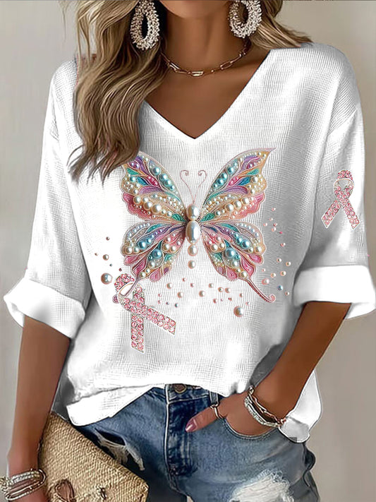 Mariposa de las mujeres Pink Ribbon Rhinestone Imprimir Casual Camiseta de manga larga
