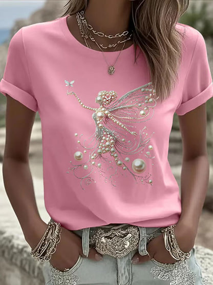 Camiseta casual con estampado de perlas rosa para mujer