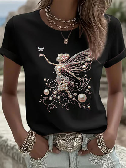 Camiseta casual con estampado de perlas rosa para mujer