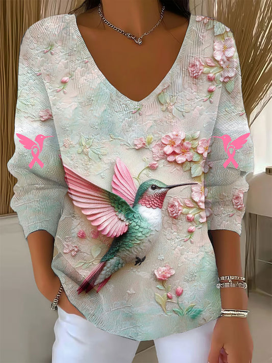 Top con cuello en V y estampado de colibrí rosa para mujer Conciencia del cáncer de mama