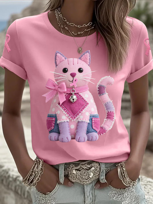 Mujer Pink Cat Pink Ribbon Breast Cancer Concientización Apoyo Tee