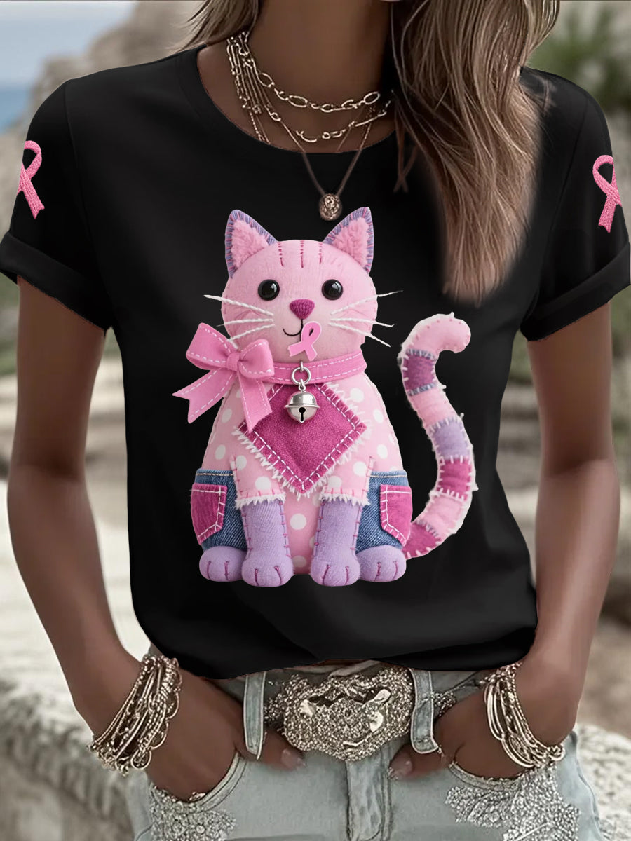 Mujer Pink Cat Pink Ribbon Breast Cancer Concientización Apoyo Tee