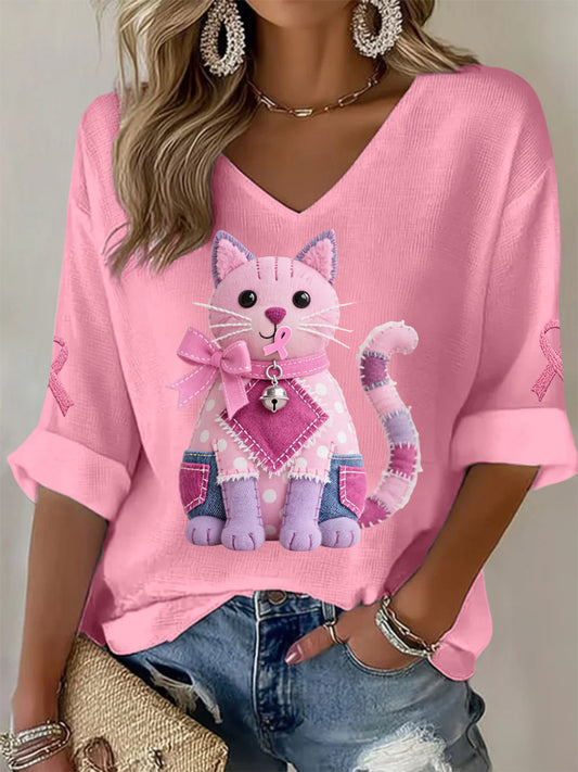Pink Cat Pink Ribbon Breast Cancer Awareness Support camiseta de manga larga para mujer