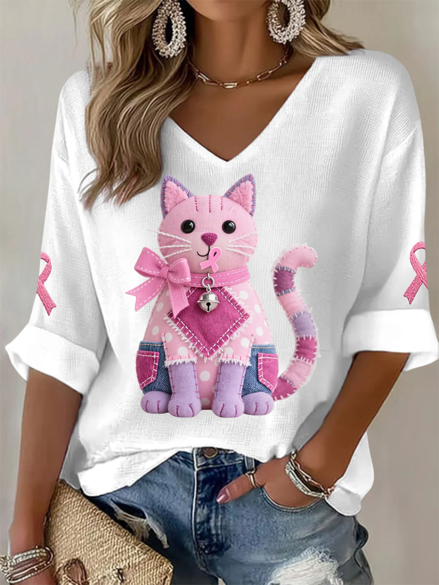 Pink Cat Pink Ribbon Breast Cancer Awareness Support camiseta de manga larga para mujer