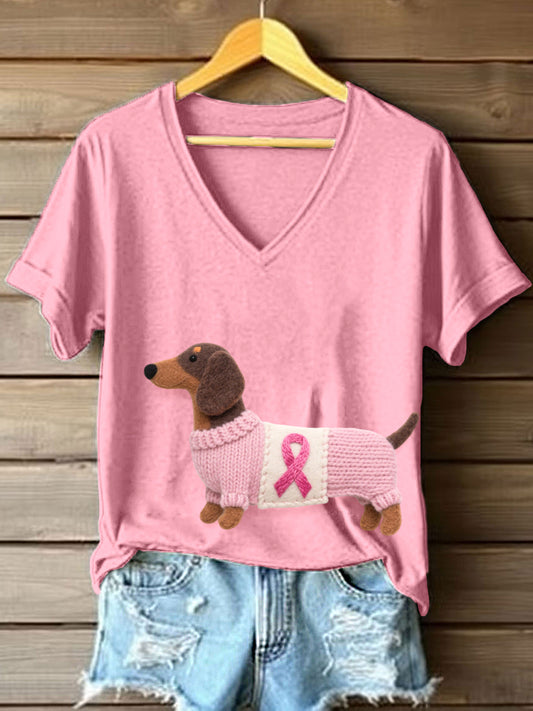 Camiseta con cuello en V y patrón de Dachshund para mujer