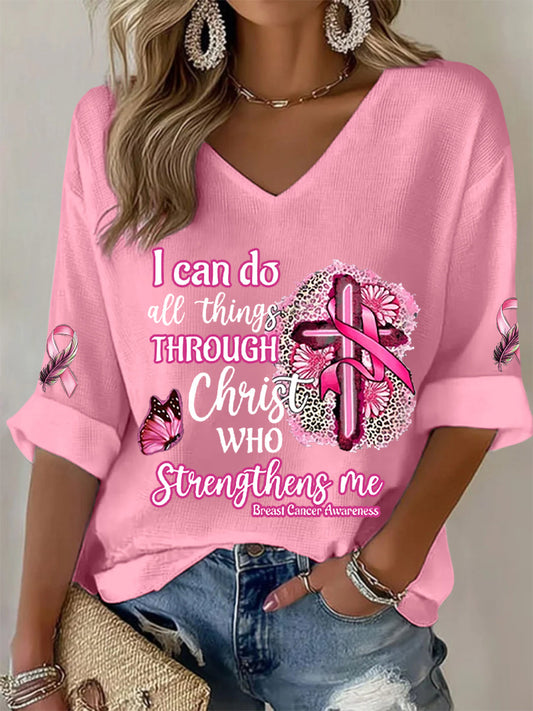 Camiseta de mujer Conciencia del cáncer de mama Puedo hacer todas las cosas a través de Cristo Pink Ribbon Waffle