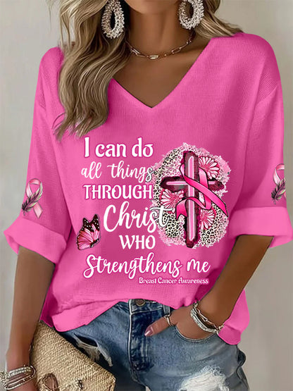 Camiseta de mujer Conciencia del cáncer de mama Puedo hacer todas las cosas a través de Cristo Pink Ribbon Waffle