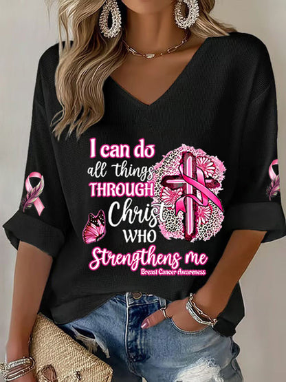 Camiseta de mujer Conciencia del cáncer de mama Puedo hacer todas las cosas a través de Cristo Pink Ribbon Waffle