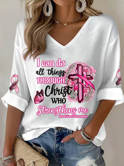 Camiseta de mujer Conciencia del cáncer de mama Puedo hacer todas las cosas a través de Cristo Pink Ribbon Waffle