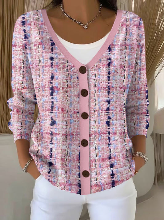 Cardigan casual estampado a cuadros rosa de mujer