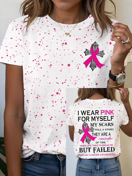 Camiseta Conciencia del cáncer de pecho de las mujeres que uso rosa para mí mis cicatrices dicen una historia