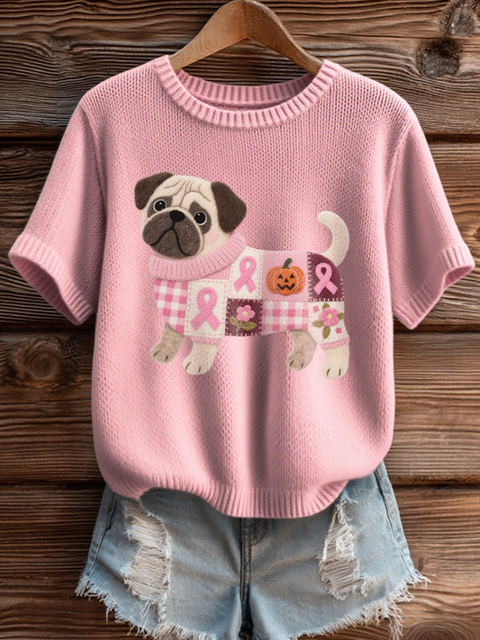 La conciencia del cáncer de mama de las mujeres inspiró el patrón de Pug Fieltro Art Cozy Knit Top