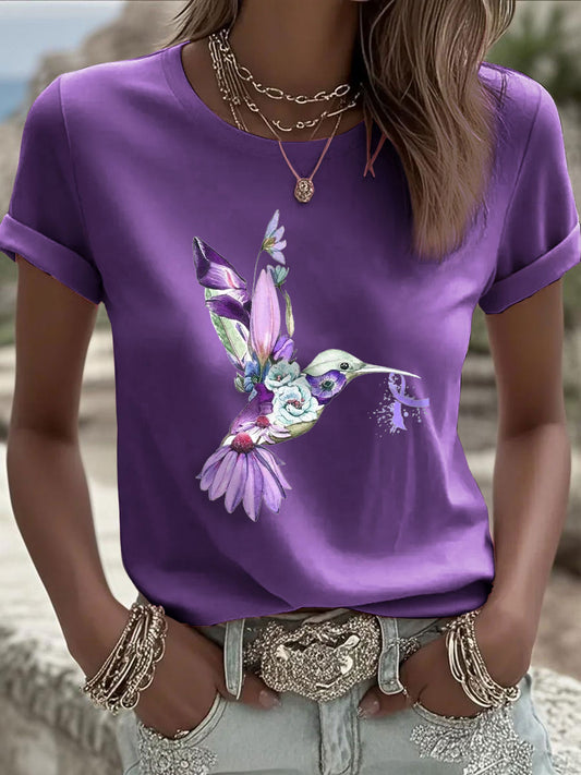 Camiseta para mujer Alzheimer's Awareness Purple Hummingbird