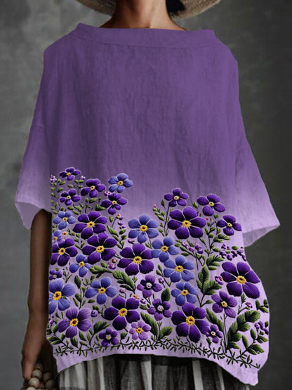 La camisa púrpura de la ayuda de la conciencia de la impresión floral de Forge-Me-Not Alzheimer de las mujeres