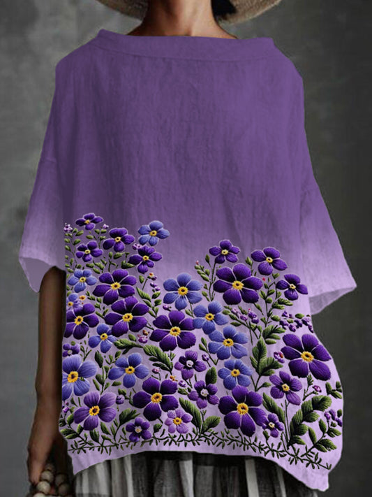 La camisa púrpura de la ayuda de la conciencia de la impresión floral de Forge-Me-Not Alzheimer de las mujeres