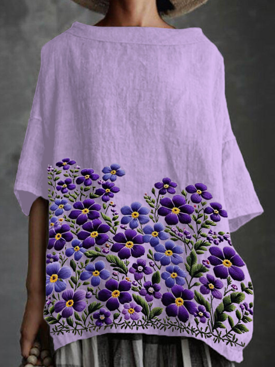 La camisa púrpura de la ayuda de la conciencia de la impresión floral de Forge-Me-Not Alzheimer de las mujeres