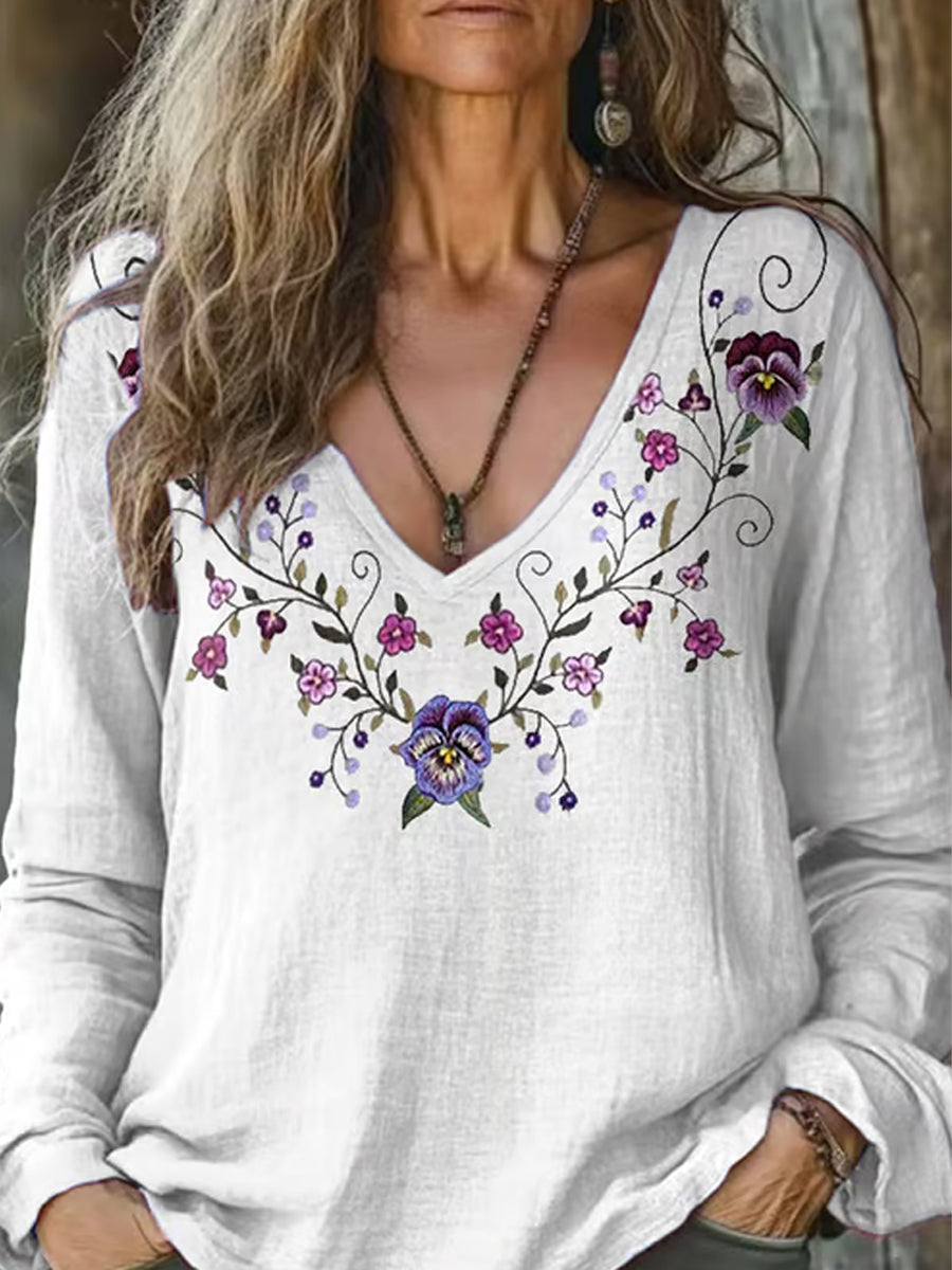 Camiseta de manga larga casual con cuello en V estampado floral de Alzheimer para mujer