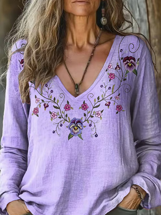Camiseta de manga larga casual con cuello en V estampado floral de Alzheimer para mujer