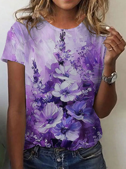Camiseta manga corta impresa floral púrpura de la conciencia de Alzheimer de las mujeres