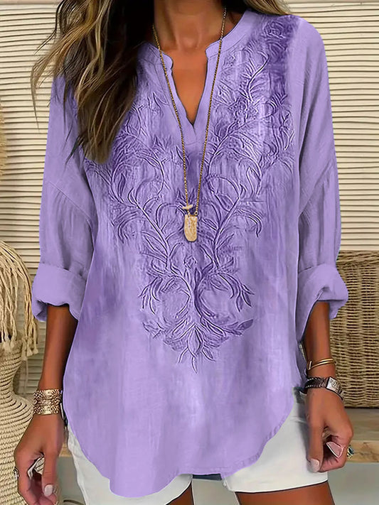 Conciencia de Alzheimer de las mujeres púrpura floral impreso elegante manga larga cuello en V camisa