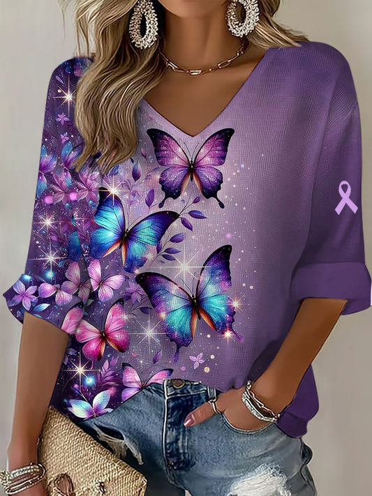 Top de manga larga con cuello en V de mariposa púrpura para mujer