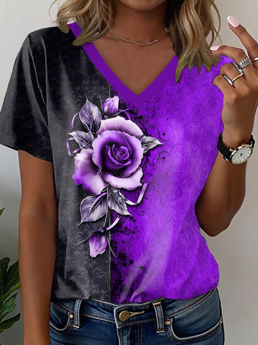 Camiseta con cuello en V y estampado rosa de Alzheimer para mujer