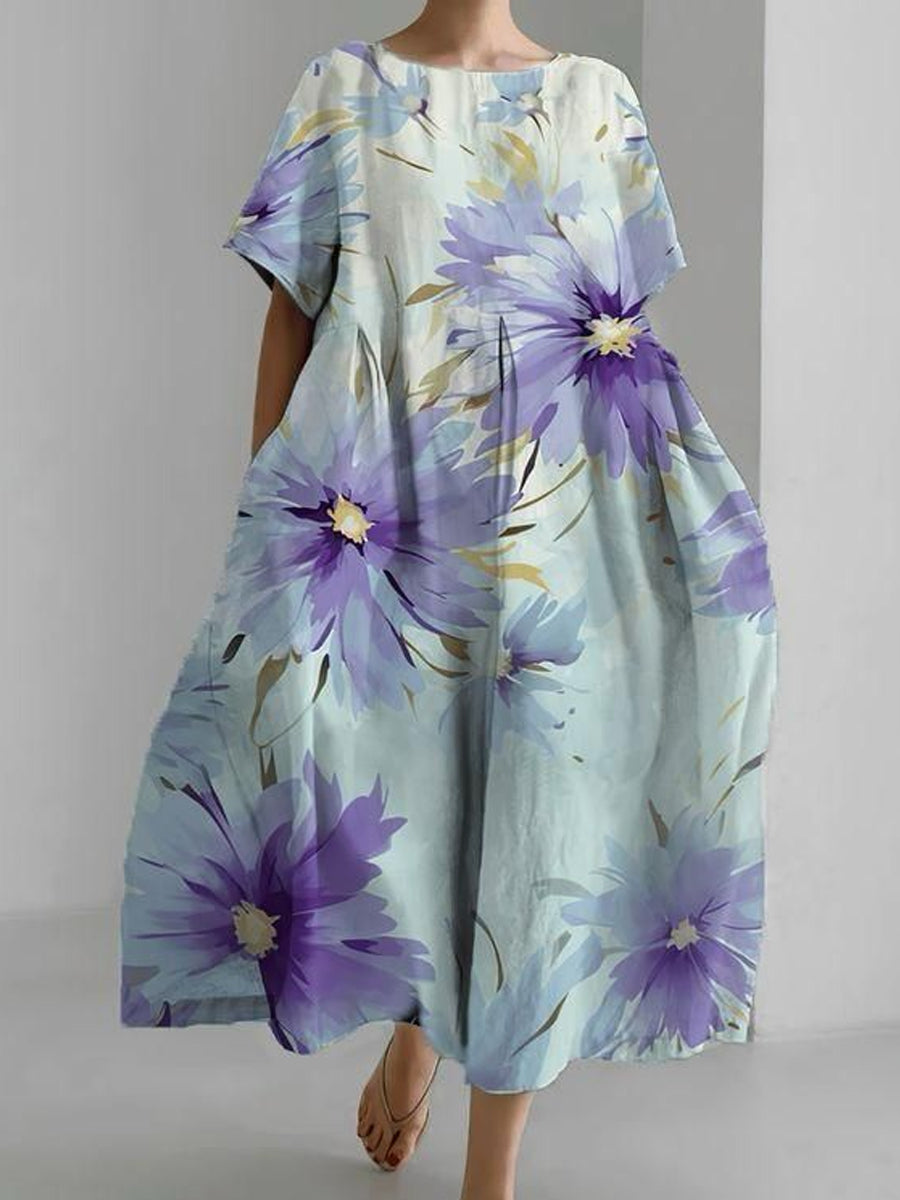 Conciencia de Alzheimer de las mujeres púrpura floral impreso con cuello en V de algodón de lino cómodo de manga corta vestido maxi