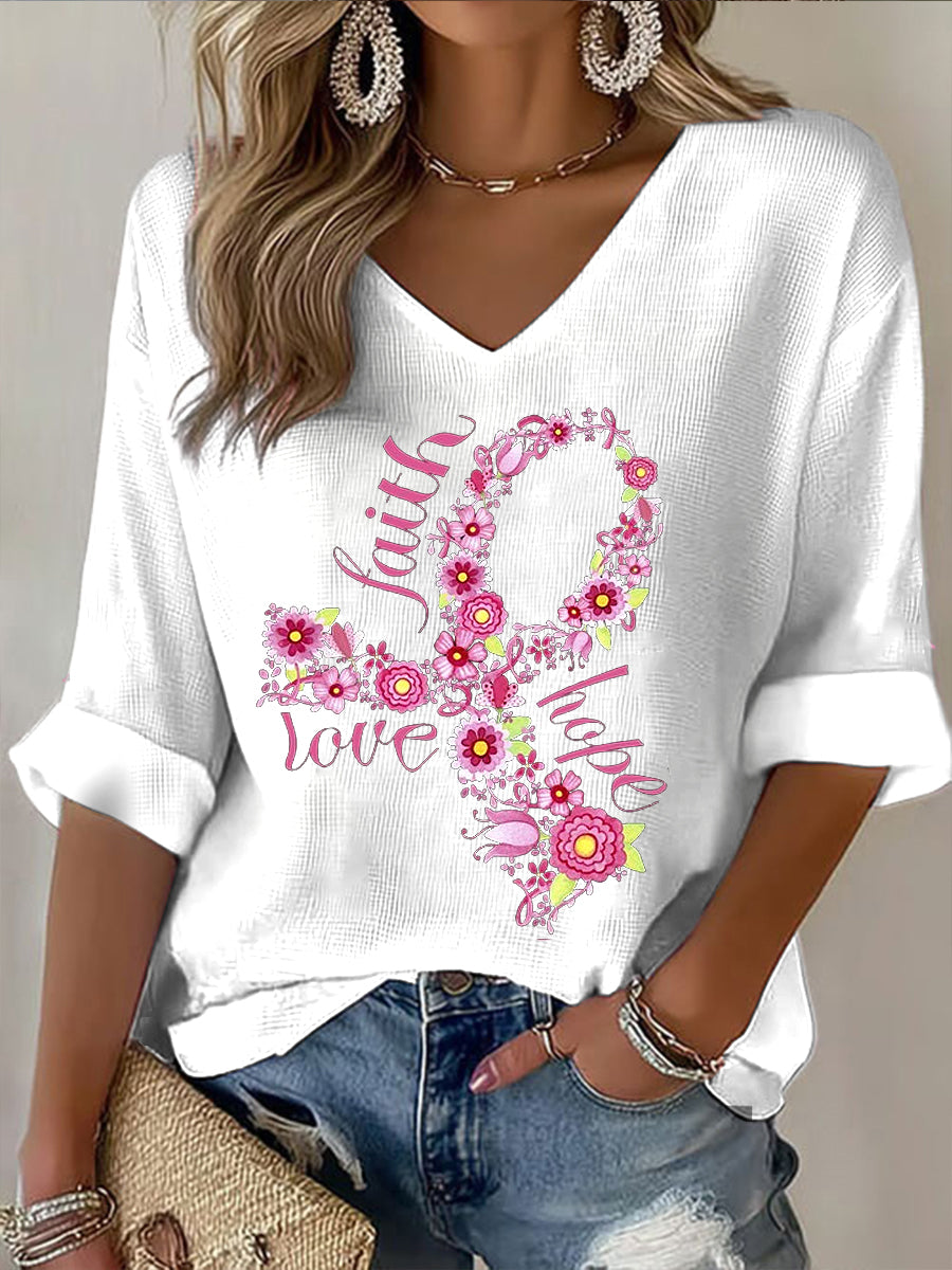 Camiseta de manga larga casual con estampado de cinta floral para mujer