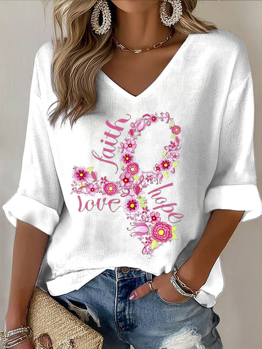 Camiseta de manga larga casual con estampado de cinta floral para mujer