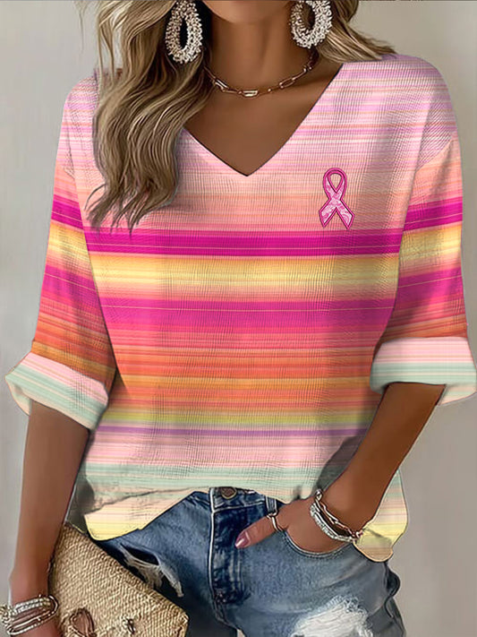Pink Ribbon Stripe Print Casual camiseta de manga larga para mujer