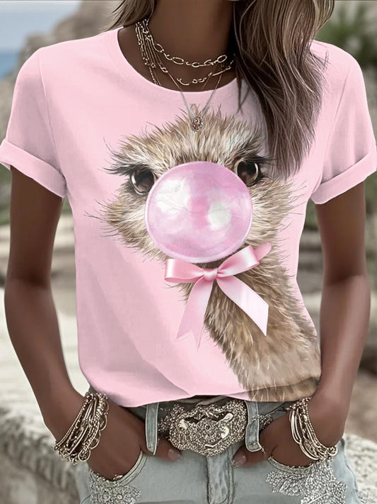Camiseta de cuello redondo con estampado de animales de cinta rosa para mujer