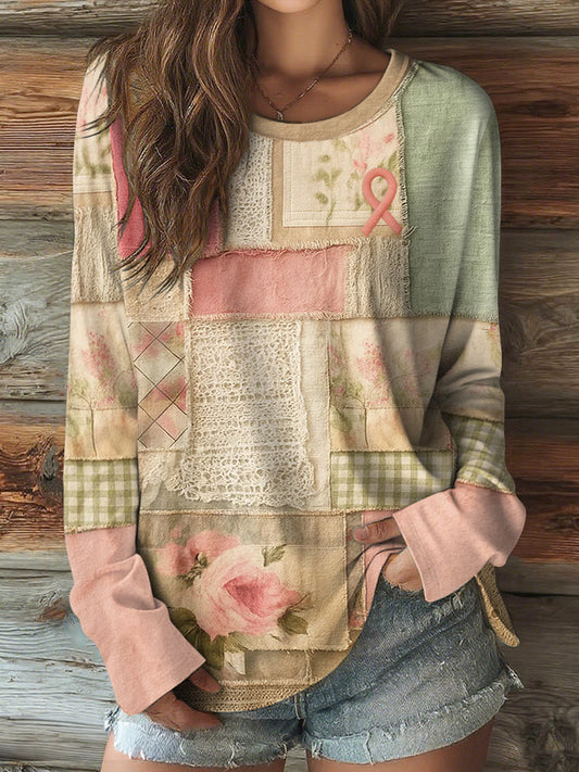 De las mujeres de la cinta de color rosa floral patchwork cuello redondo de manga larga camiseta