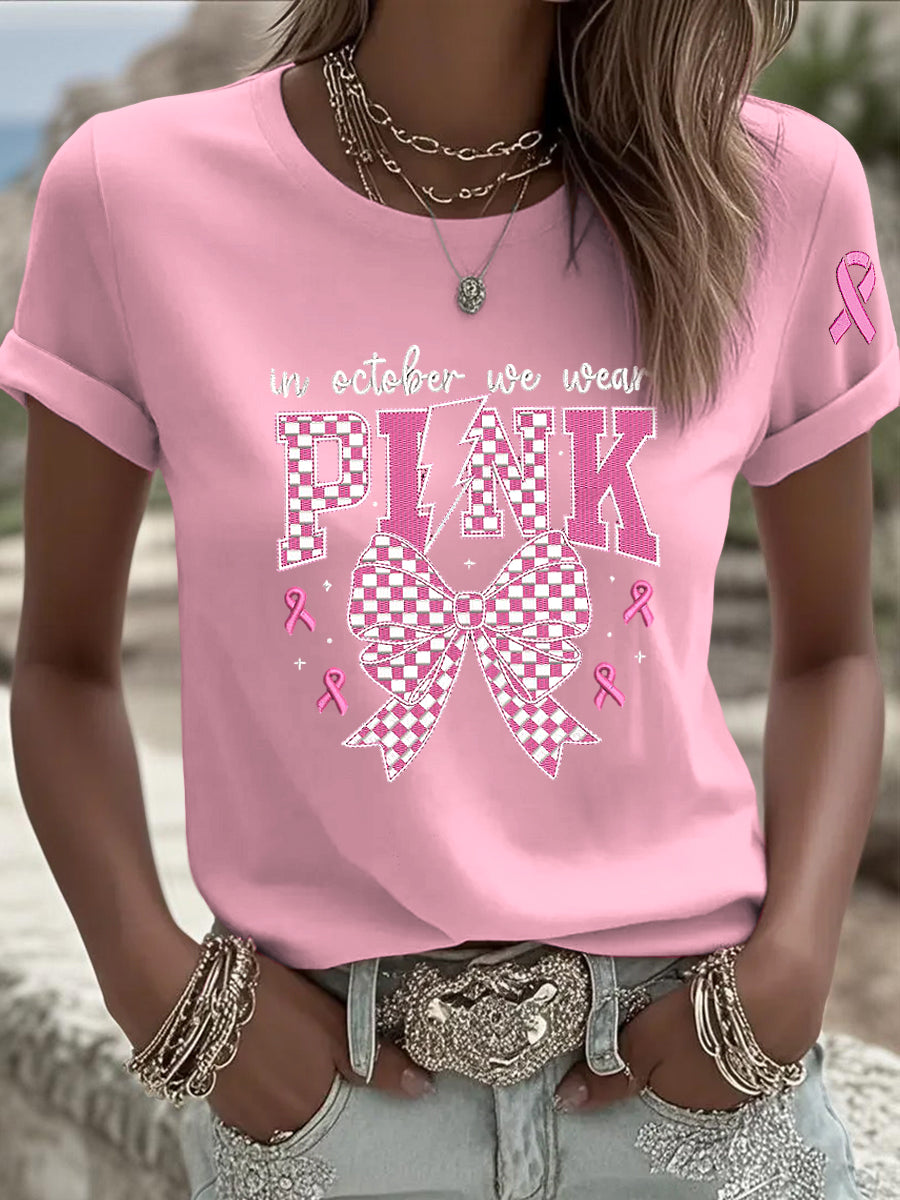 Camiseta casual con lazo rosa para mujer