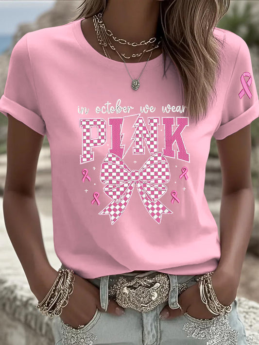 Camiseta casual con lazo rosa para mujer