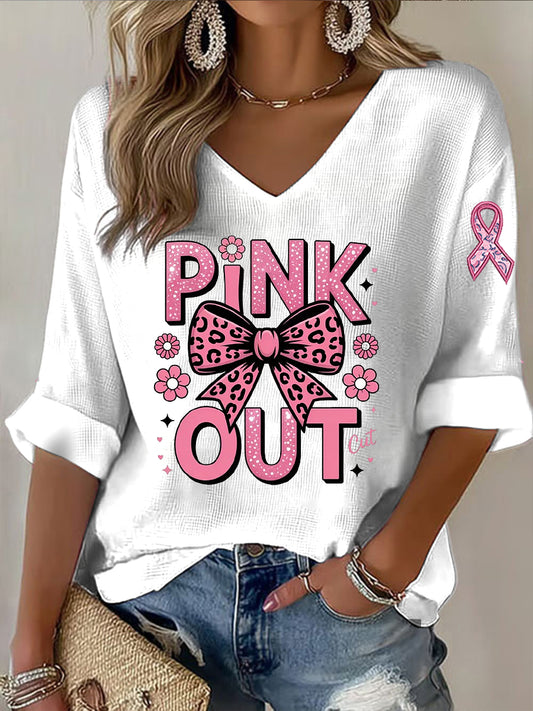 Camiseta casual de manga larga con lazo rosa para mujer