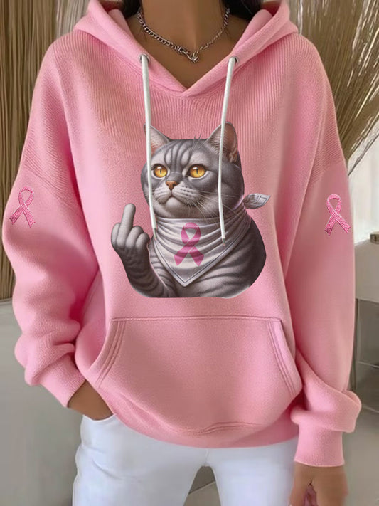 Sudadera con capucha casual de mujer Cat Pink Ribbon Print
