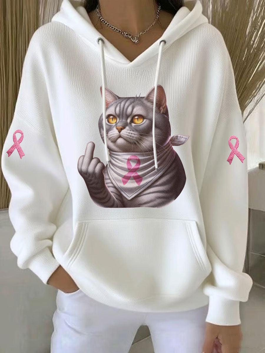 Sudadera con capucha casual de mujer Cat Pink Ribbon Print
