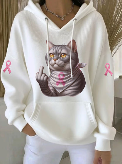 Sudadera con capucha casual de mujer Cat Pink Ribbon Print