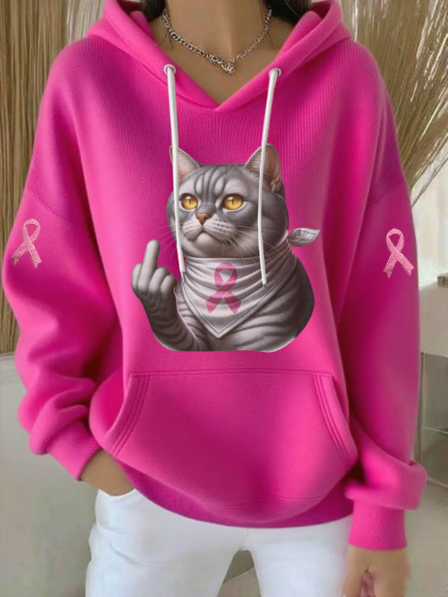 Sudadera con capucha casual de mujer Cat Pink Ribbon Print