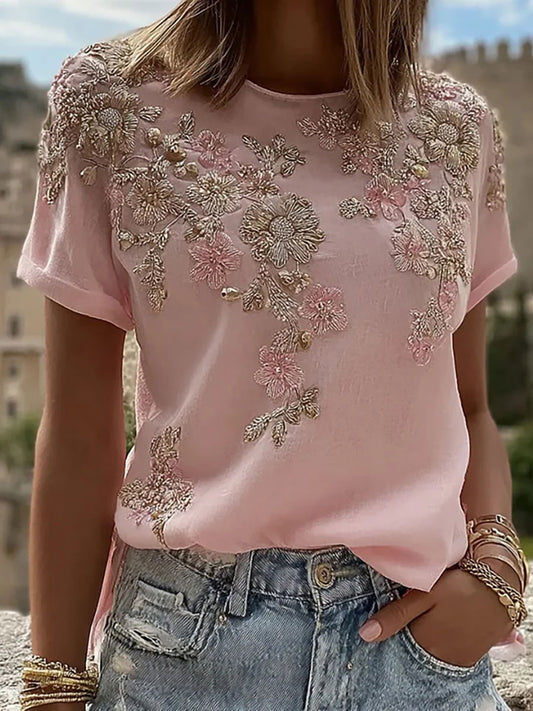 Camiseta casual con estampado floral rosa para mujer