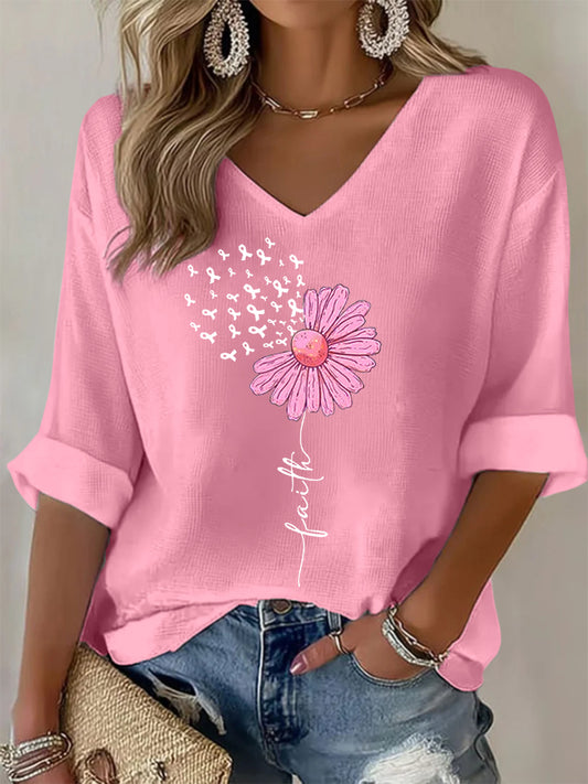Top con cuello en V para mujer Pink Ribbon Sunflower Faith Breast Cancer Awareness Support