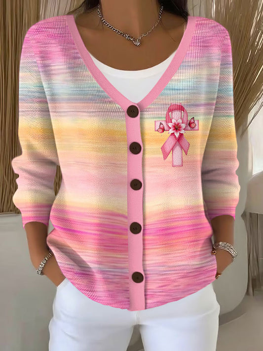 Conciencia del cáncer de mama de las mujeres Pink Ribbon Print Casual Cardigan