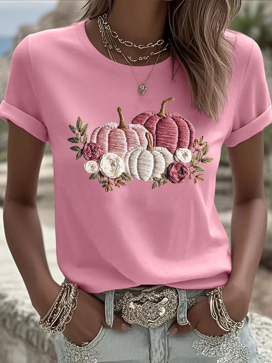 Camiseta casual con estampado de calabaza rosa para mujer