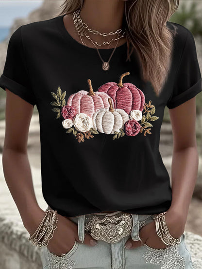 Camiseta casual con estampado de calabaza rosa para mujer