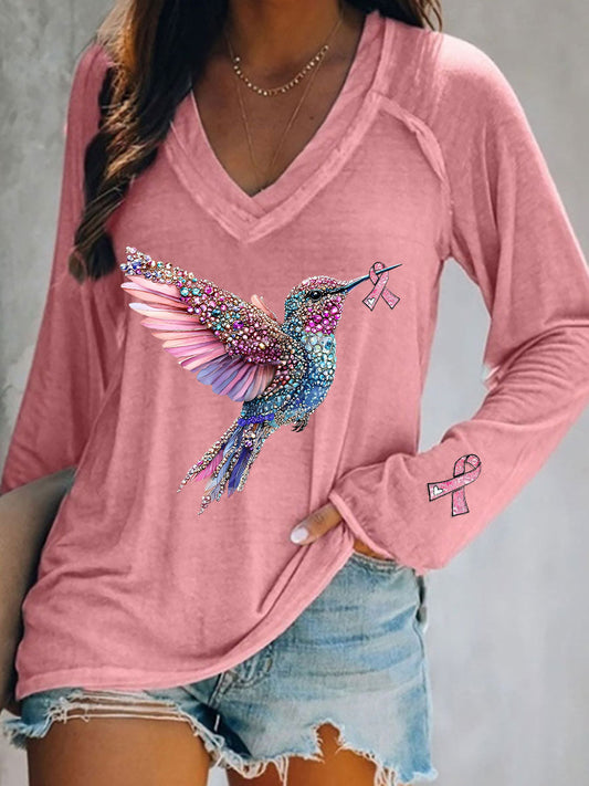 Camiseta casual con estampado de colibrí rosa para mujer