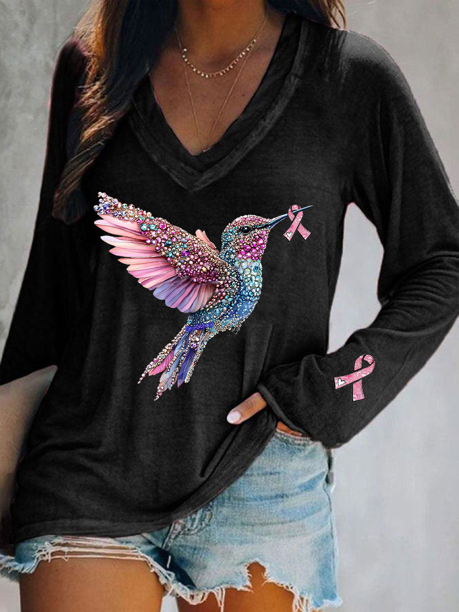 Camiseta casual con estampado de colibrí rosa para mujer