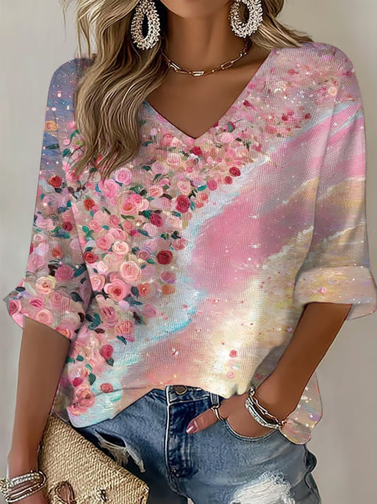 Camiseta casual con estampado floral rosa para mujer