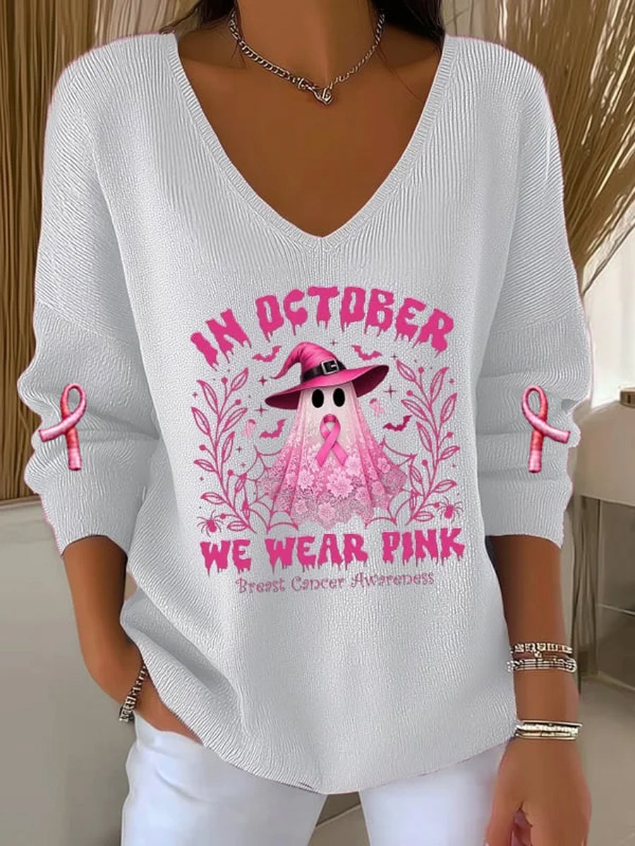 Casual de las mujeres de cáncer de mama que usan octubre Rosa fantasma Pit Stripe manga larga Top