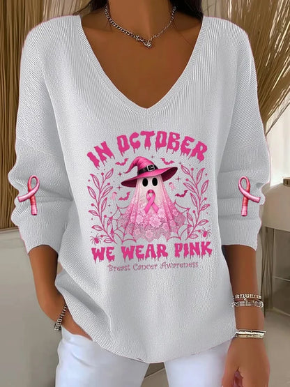 Casual de las mujeres de cáncer de mama que usan octubre Rosa fantasma Pit Stripe manga larga Top