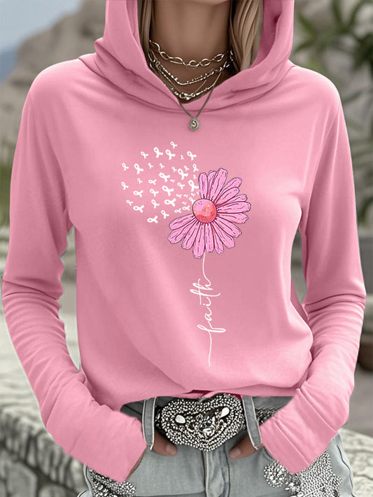Top con capucha de apoyo de concientización sobre el cáncer de mama de girasol rosa de cinta para mujer